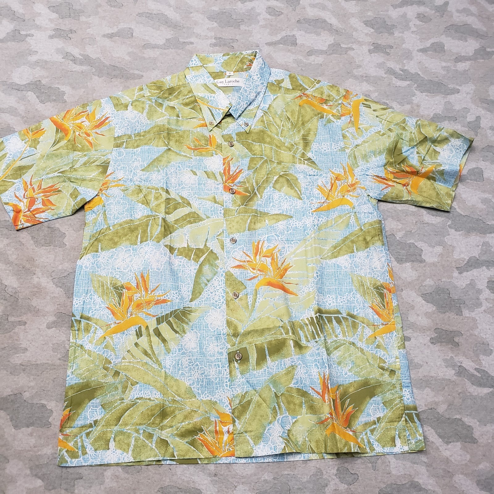 Guy Laroche Paris Hawaiian Shirt Mens 5 Blue Short Sleeve Button-Up Tropical
